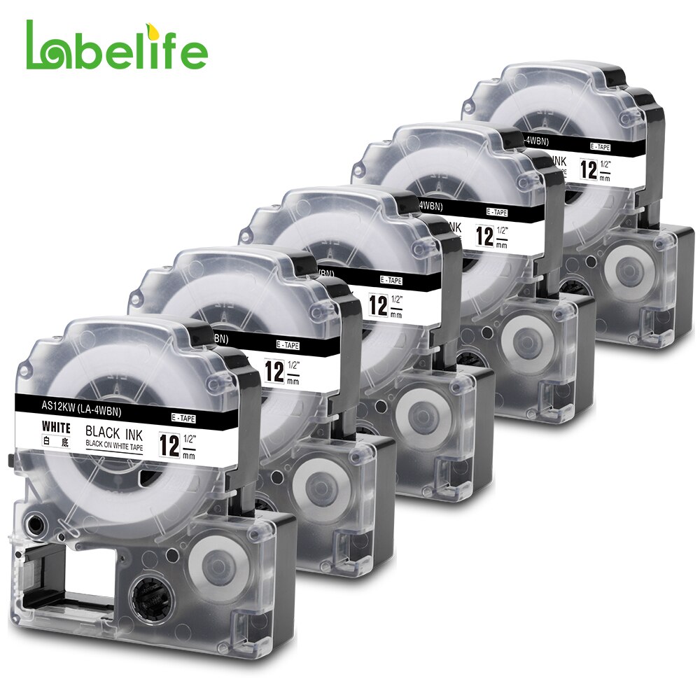 Labelife 5Pack SS12KW LC-4WBN Compatible Epson LabelWorks LK Tape Standard 12mm Black on White For LW-300, LW-400 LW-600P Makers