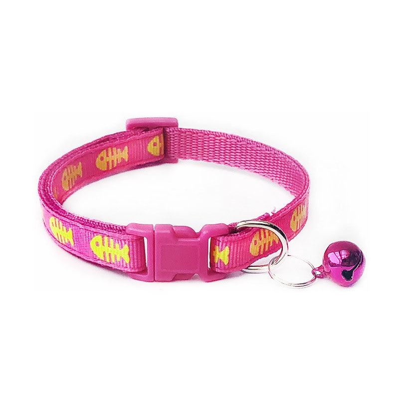 Collar ajustable con estampado de espina de pescado para mascotas, Collar de nailon para cachorros, gatitos y gatos con campanas, 19-32cm, 1,0 cm,