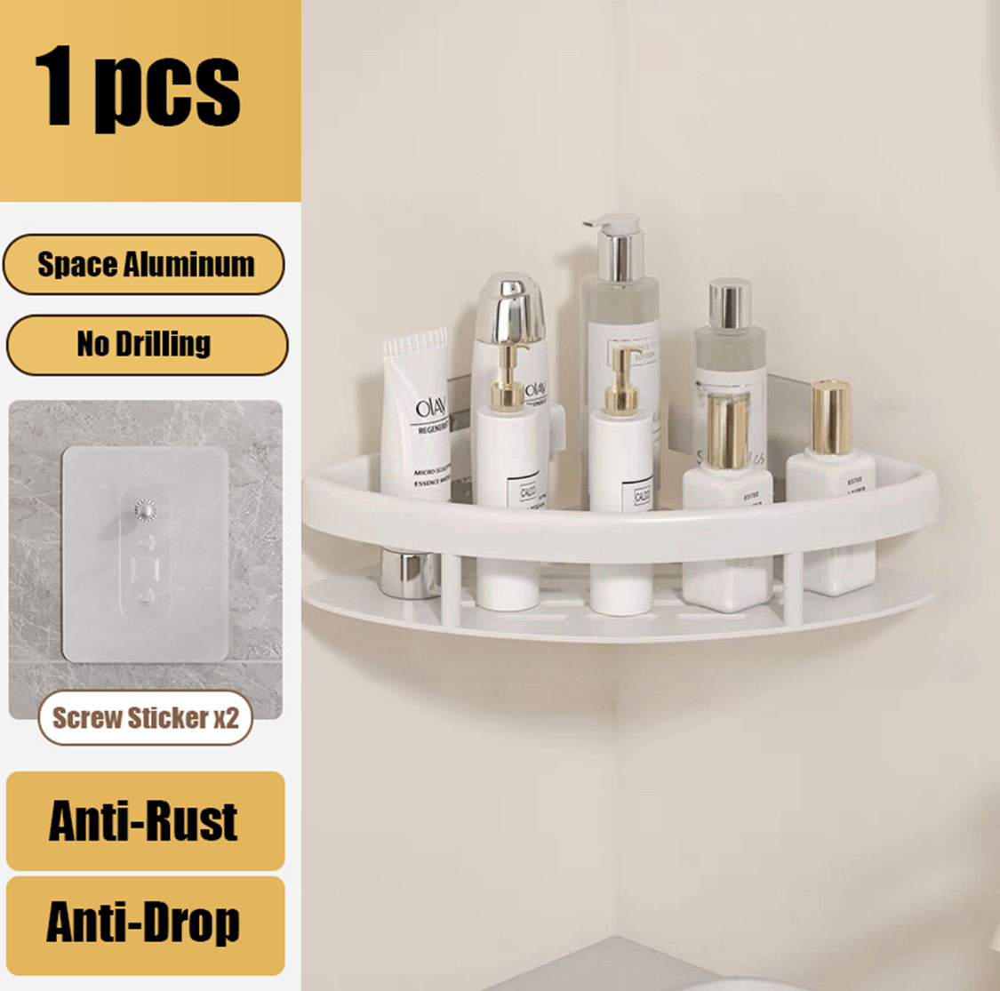 Bathroom Shelves Aluminum Alloy Shower Corner Shelf Shampoo Rack No Drill Kitchen Organizer Wall Shelf Bathroom Accessories: WHITE