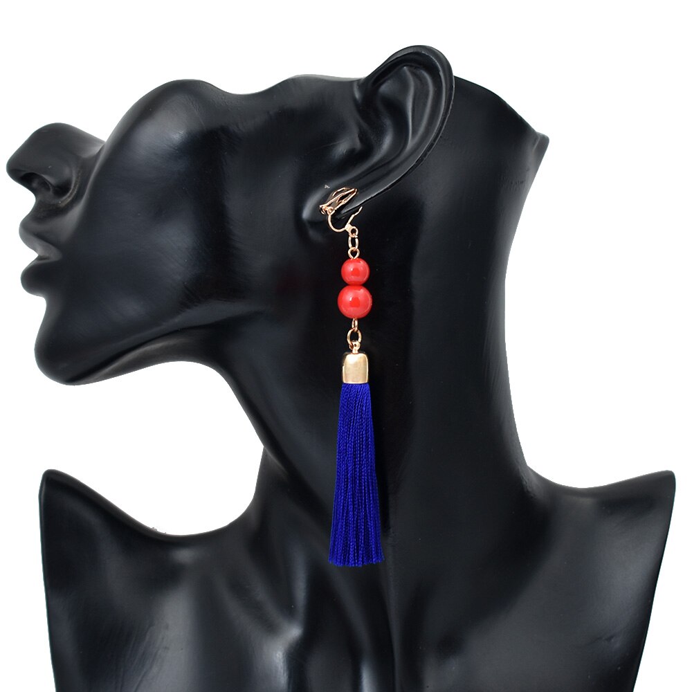 Non Pierced Cotton Silk Tassel Earrings Ear Cuff Earring Bohemia Long Ear Clip Earing Indian Ethnic Jewelry joyas: dark blue earing