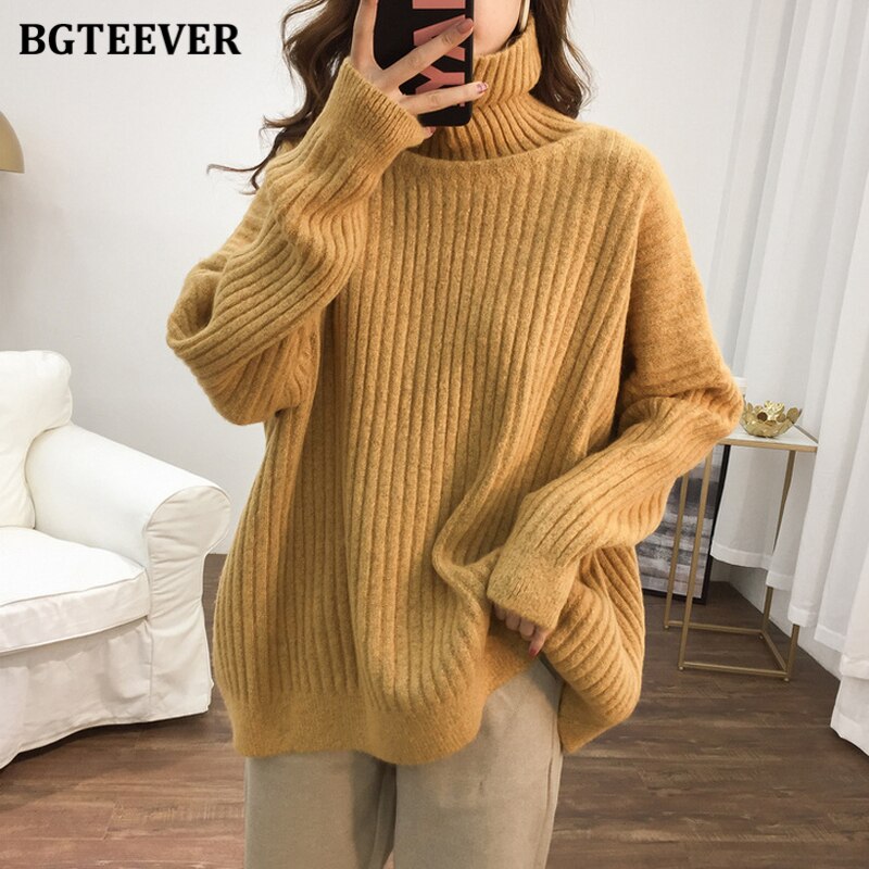 Bgteever Elegante Losse Coltrui Thicken Vrouwen Trui Mode Lange Mouw Vrouwelijke Trui Truien Winter Breien Trui
