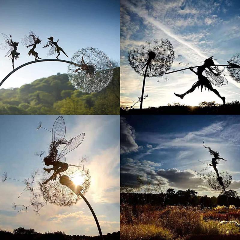 Garden Decoration Dancing Fairy With Dandelion Steel Wire Statue Miniature Sculpture Yard Decor Ornaments Flower Fairy Statue