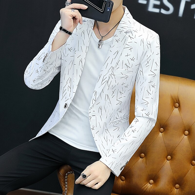 Lente en Herfst Bloemen Afdrukken Prom Pak Blazers Single Button Party Man Casual Slim Fit Trouwjurk Jasje: White / L