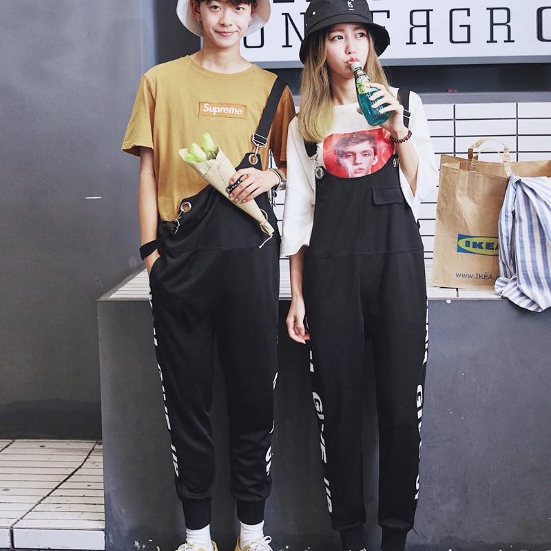 Couple Print Bib Overalls Harem Pants Denim Overalls Jeans Man Casual Black Denim Jumpsuits Jeans Man Ankle length