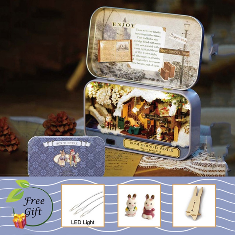 Box teater dukkehus miniature legetøj med møbler kanin diy miniature dukkehus førte lys legetøj til børn fødselsdag  q10: Q6