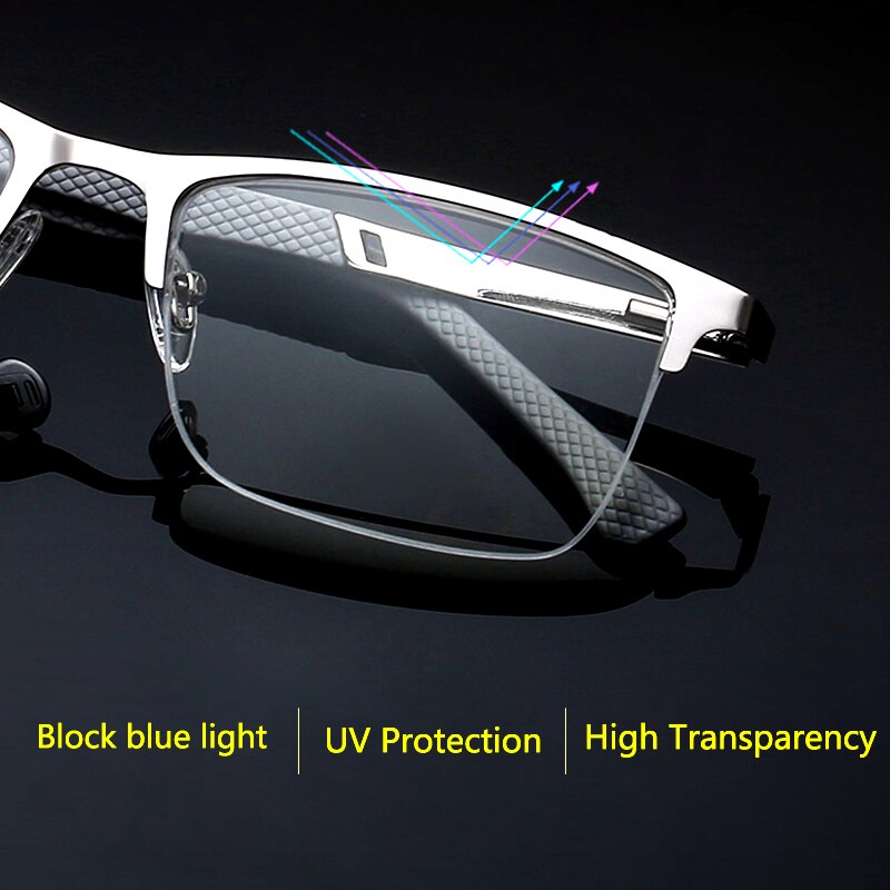 Half Rim Reading Glasses for Men Presbyopia UV Protection Computer Anti-blue Light Radiation Metal Frame Silver 1.5 2.5