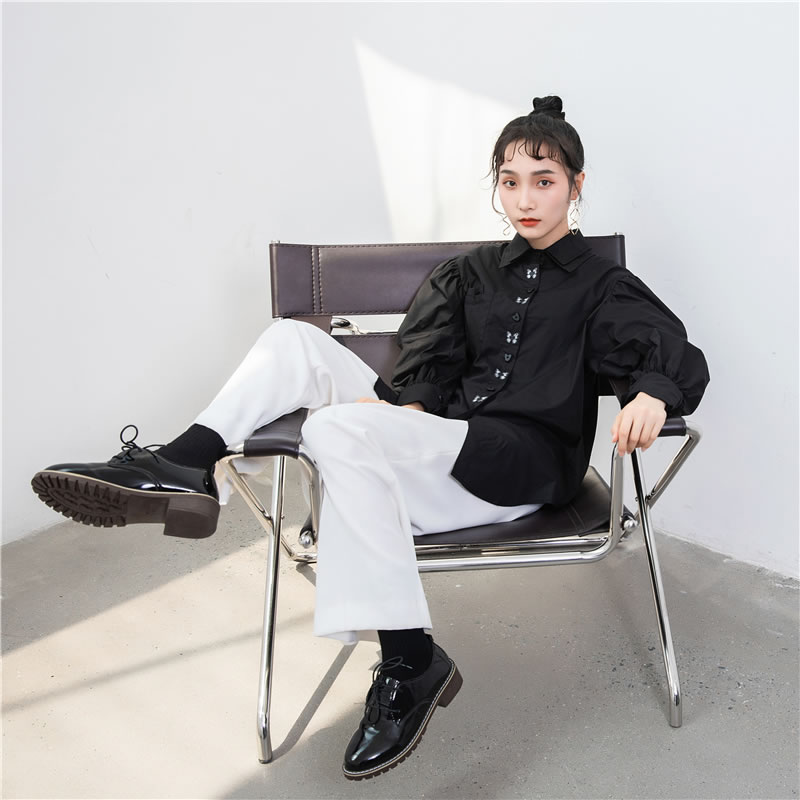 XITAO-Blusa holgada de otoño para mujer, camisa negra con bordado de mariposa, de talla grande, XJ4984