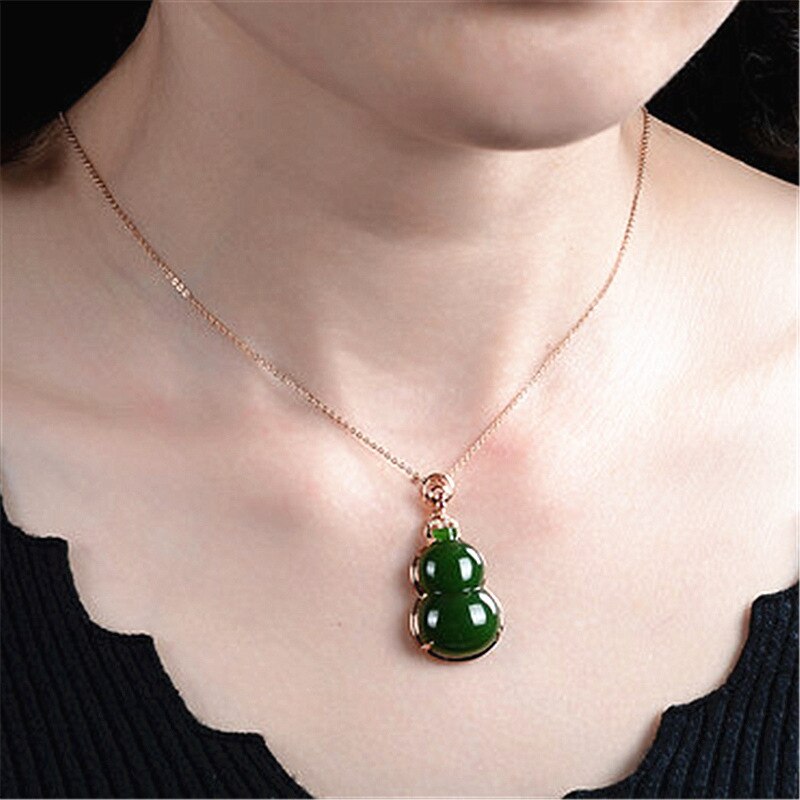 Natural Green Hetian Jade Gourd Pendant 925 Silver Necklace Chinese Carved Charm Jewelry Amulet for Women Lucky