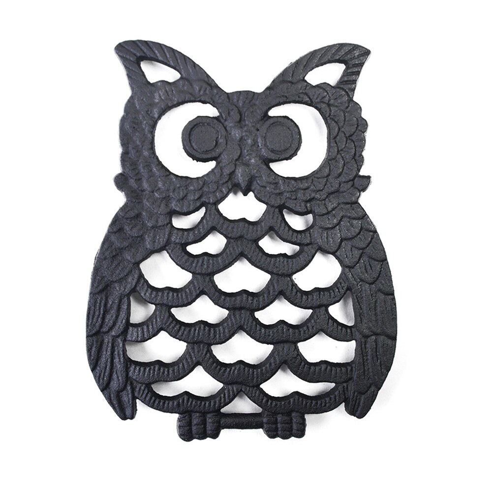 Dessous de plat de théière en fonte, Vintage fleur/hibou/poisson/flocon de neige, support de Pot rond, tapis creux, coussin isolant, décor de Table, cuisine, 1 pièce: Owl