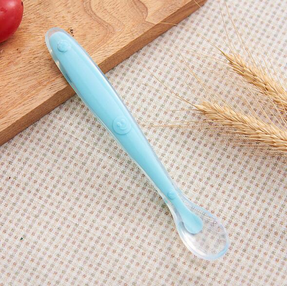 Cucharas de alimentación de bebé, vajilla para cubiertos para niños, cubiertos, cuchara, herramientas de silicona para de varias telas, lote, cucharón de sopa: skyblue