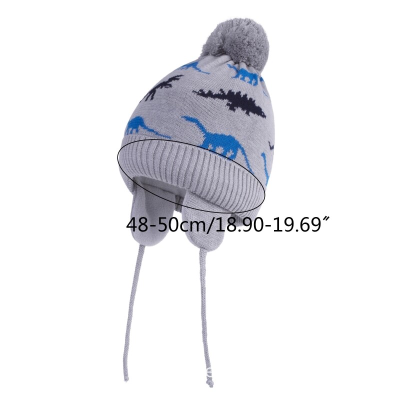 Toddler Baby Boys Cartoon Dinosaur Jacquard Beanie Warm Knitted Hat Earflap B36E