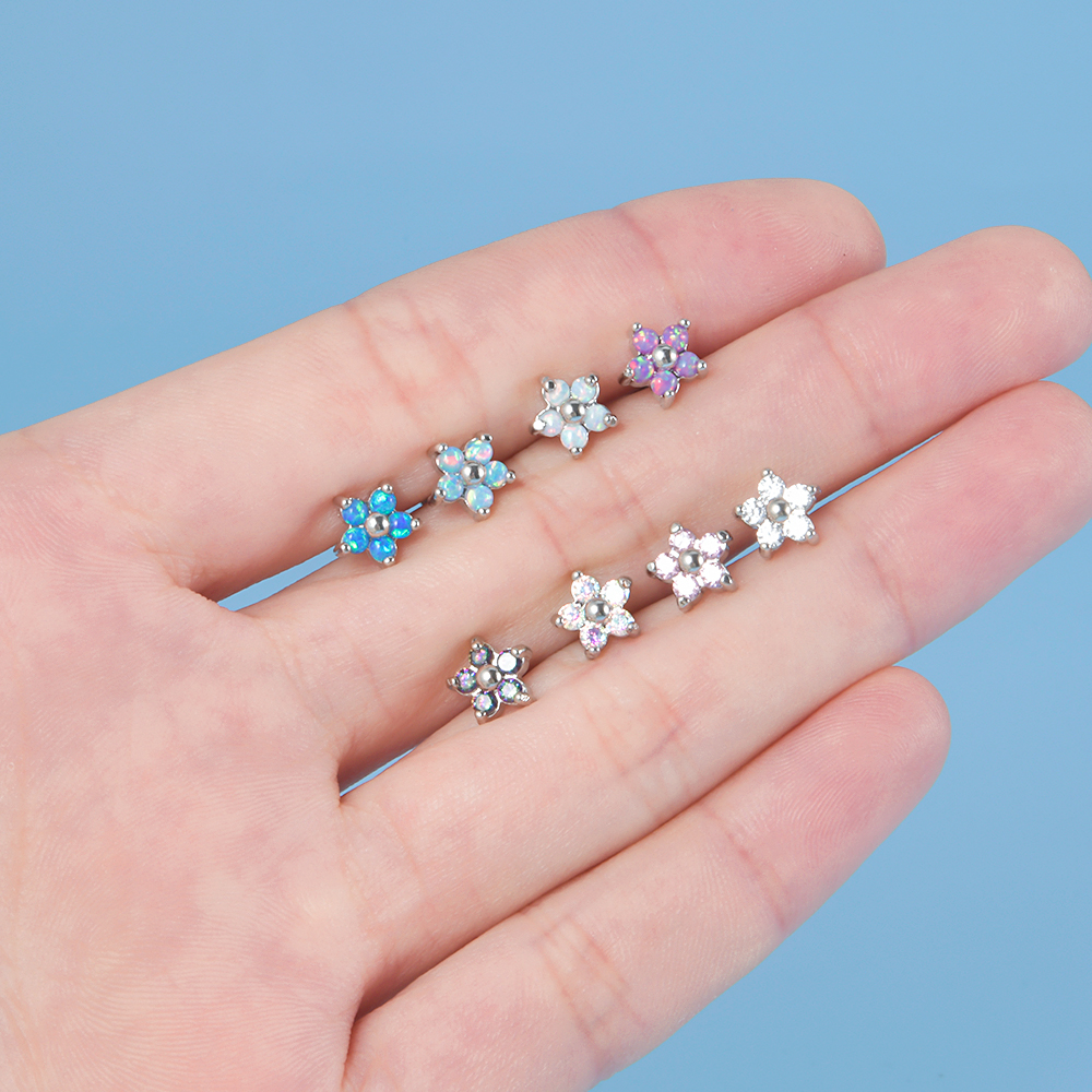 1PC G23 Titanium&Steel Opal Gem Labret Lip Ring Cubic Zircon Flower Ear Cartilage Tragus Helix Piercing Jewelry 16g