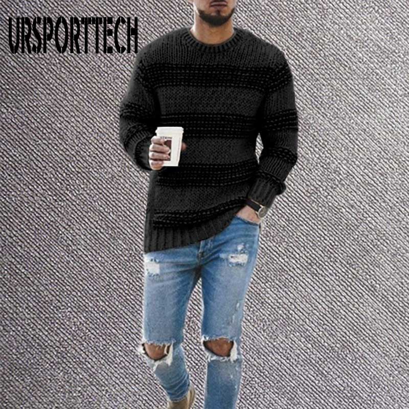 Mærke herresweater efterår vinter pullover uld slim fit striktrøje stribet herretøj afslappet patchwork pull homme: Sort / L