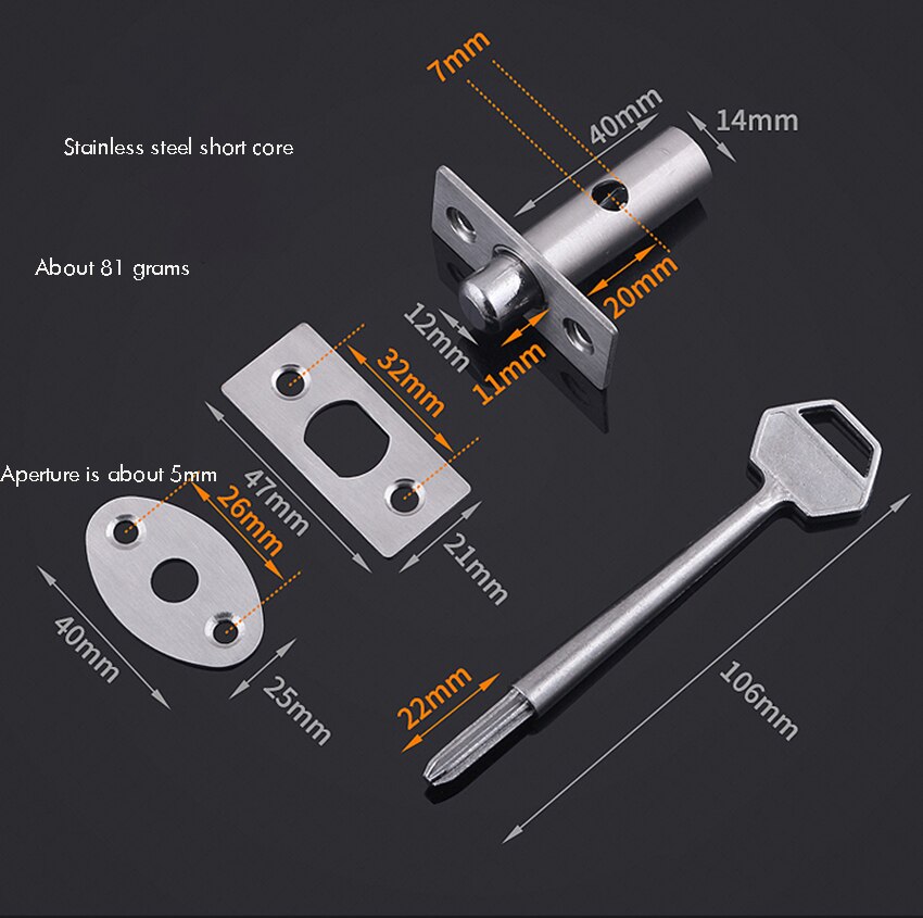 Cerradura de muesca con llave Tubewell oculta para puerta de fuego, cerrojo de acero inoxidable con núcleo largo/corto, ferretería para puerta, cepillado: Short core tube