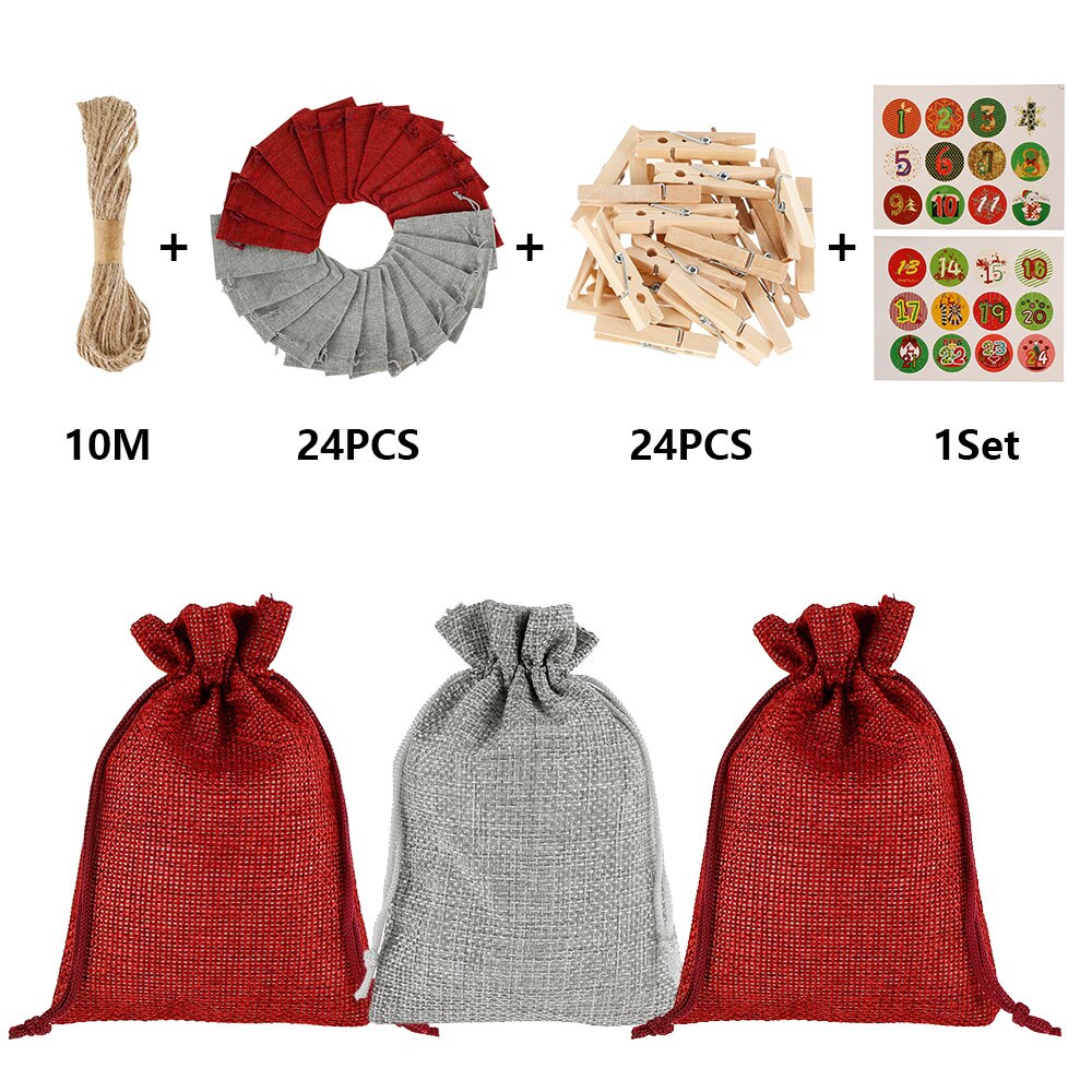 Drawstring Christmas Calendar Bag Set 24 Days Burlap Advent Calendar Drawstring Bag DIY Christmas Embellishments With Clips: Model 02