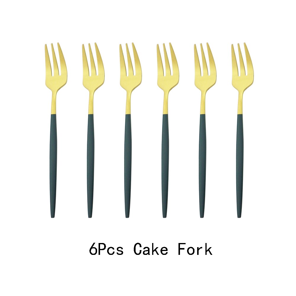 6Pcs Coloful Fork Set Tea Cake Snack Forks Dinnerware Cutlery Matte Stainless Steel Tableware Dessert Fruit Fork Silverware Set: Green Gold
