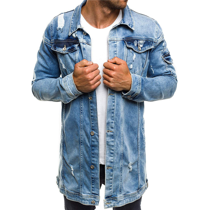 Idopy herre denim jakke bomber jakke long street vintage biker slim fit nødlidende hul rippet cowboy mandlige jean jakke og frakke: Himmelblå / Xxl
