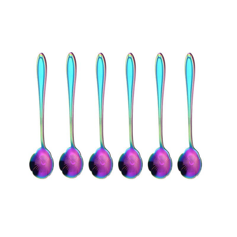 8/6Pcs Coffee Spoon 304 Stainless Steel Rainbow Stirring Milk Teaspoon Dessert Ice Cream Spoon Tableware Flowers: Platycodon 6 Pcs
