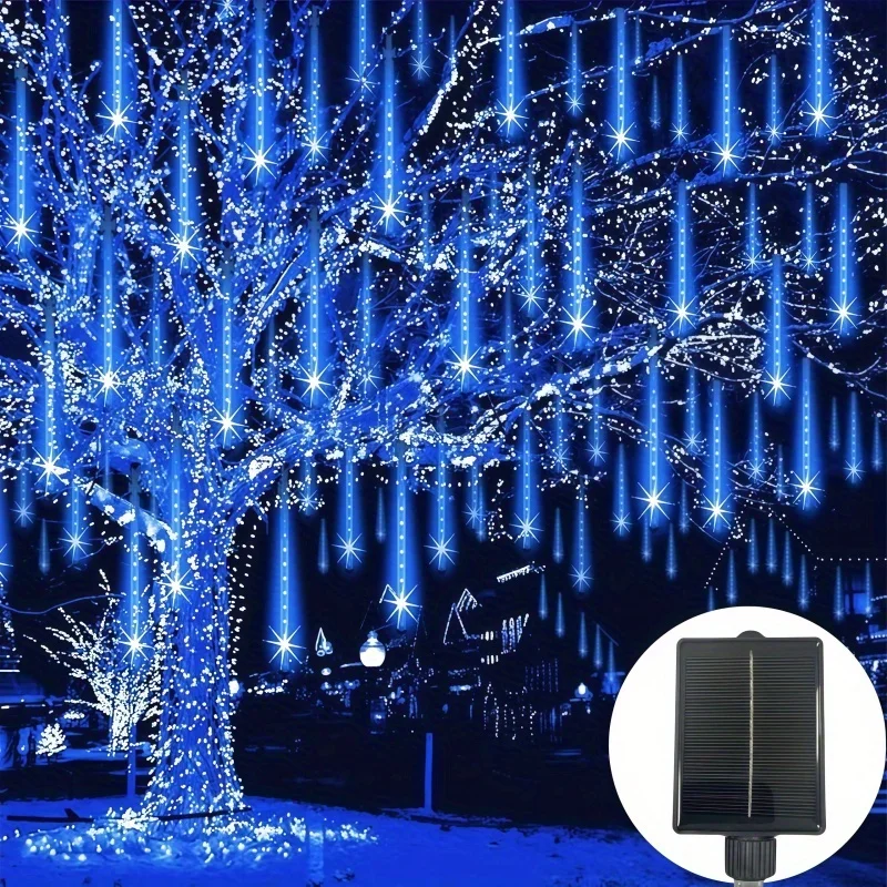 Solcelledrevne julelys utendørs 8 -rørs led-lys med solcelledrevne meteorregnlys hengende julelys til tre istapphage juledekorasjon: Rgb / 0-5w