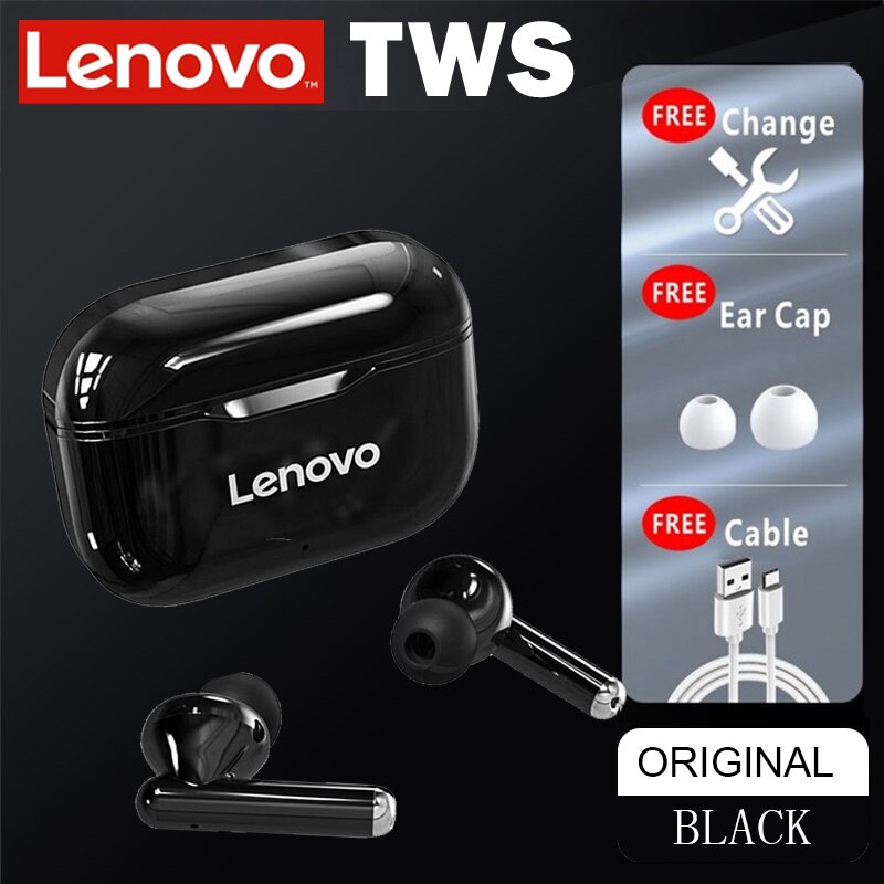 Lenovo LP1 TWS Earphone Bluetooth 5.0 Wireless Headset Waterproof Sport Earbud Noise Cancelling Headphones Dual Stereo HIFI Bass: all black