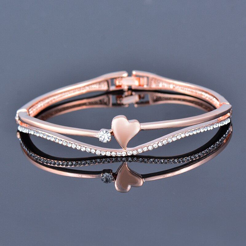 SINLEERY Romantic Rhinestone Heart Bangle For Women Rose Gold Silver Color Wedding Bracelets Jewelry SL490 SSF: rose gold plated