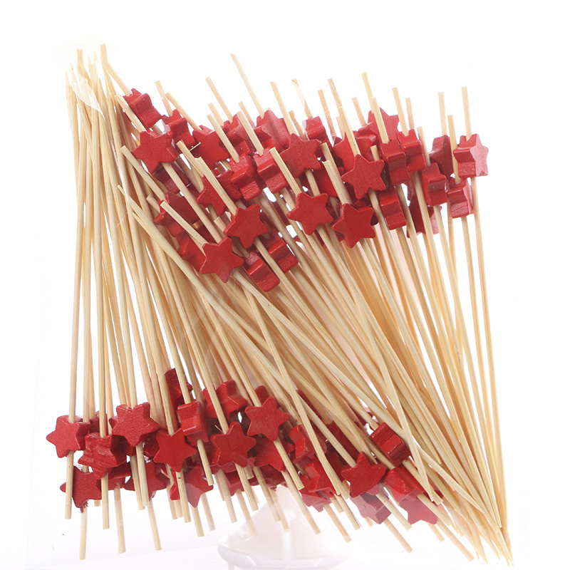 100pz stuzzicadenti decorativi a forma di stella Bastoncini di bambù per cocktail Bastoncini di frutta usa e getta 12cm Decorazione colorata per buffet di cibo Decorazione da tavola per feste: rosso stella