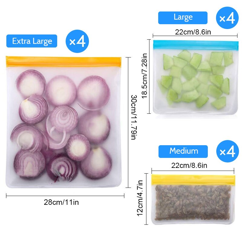 TEENRA 12Pcs/set PEVA Food Storage Bag Container Reusable Food Fresh Bag Ziplock Leakproof Food Bag Kitchen Organizer