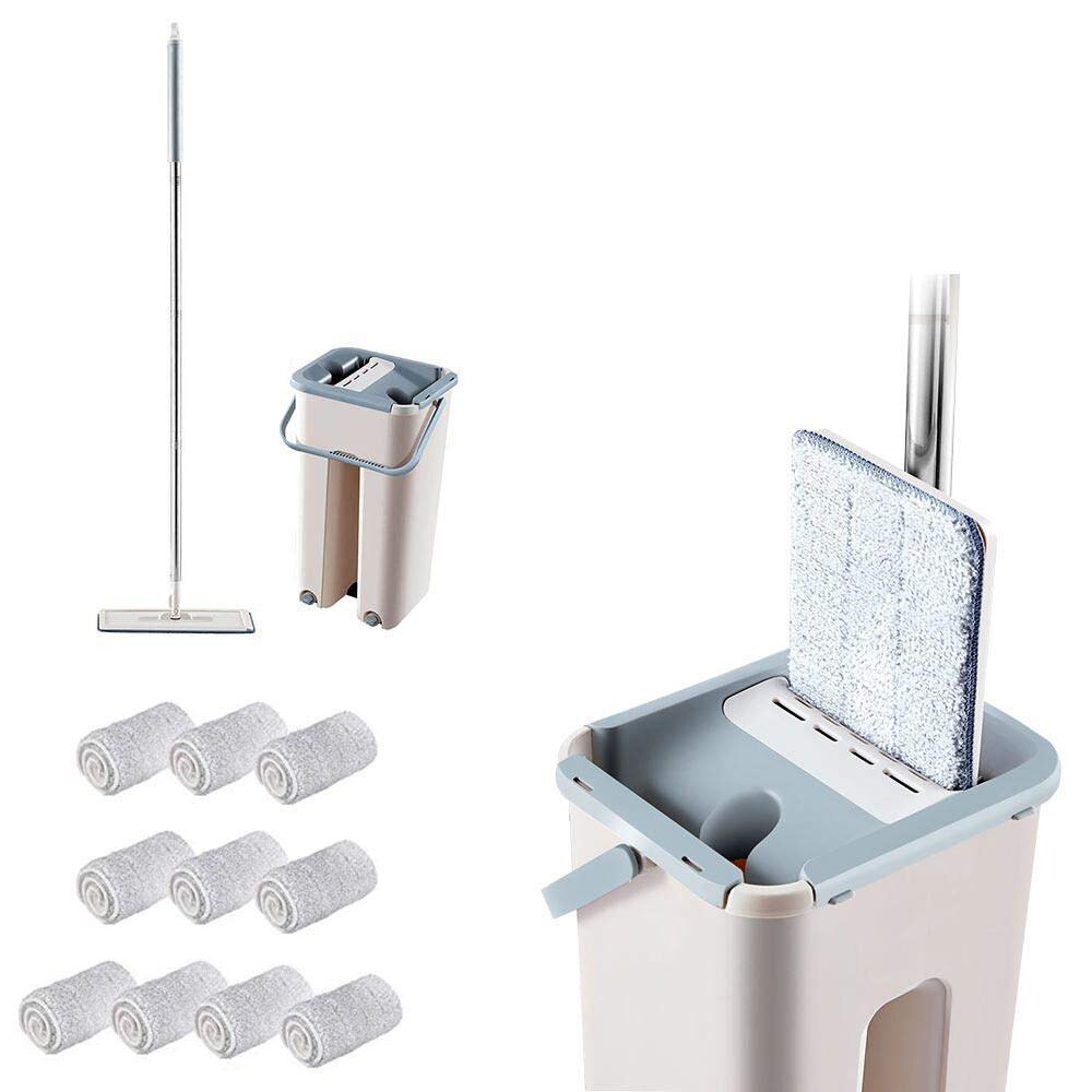 Klem flad moppe håndfri vridning af gulv rengøring moppe mikrofiber moppepuder moppespand med vrider 360 ° drejeligt hoved genanvendeligt: Med 10 stk. puder