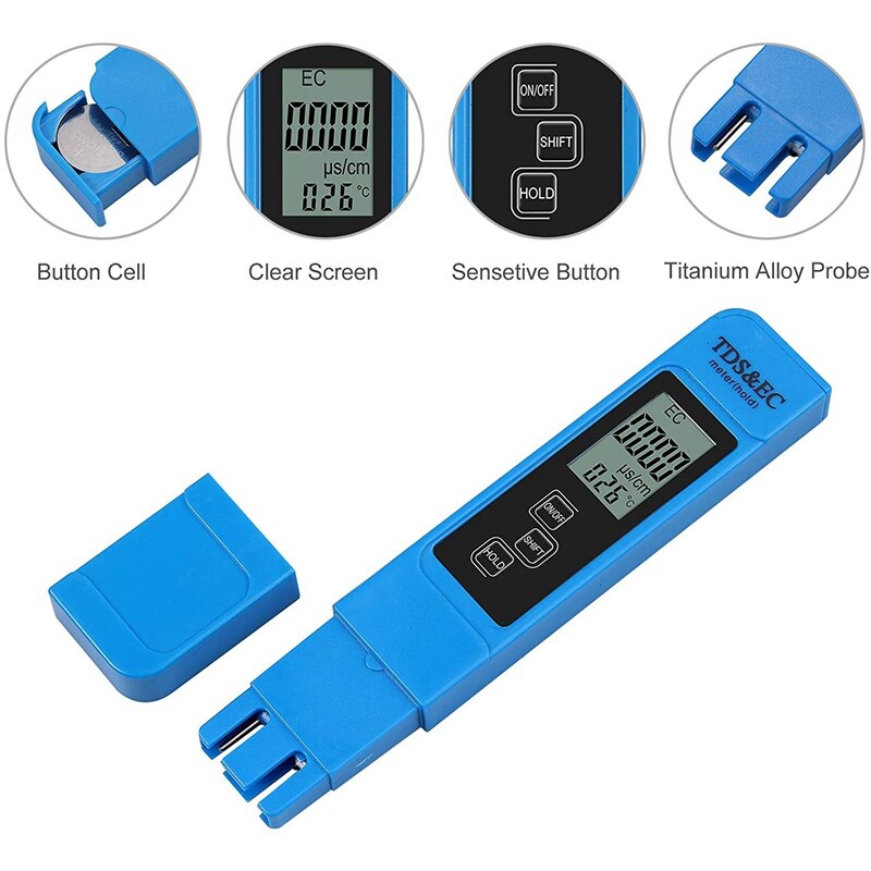 TDS EC Meter Temperature Tester Pen 3 in 1 Function Conductivity Water Measurement Tool TDS EC Tester 0-9990 Ppm 15%