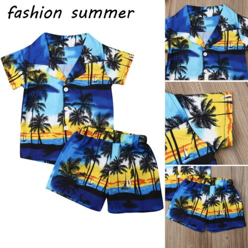 Crianças da criança meninos roupas de verão havaiano manga curta botão camisa + shorts beachwear 2 peças conjunto terno 1-6y