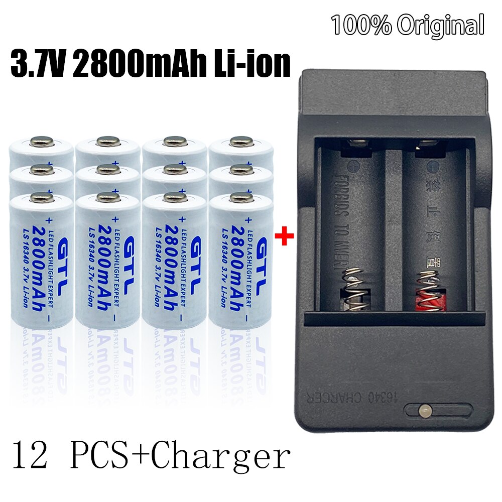 CR123A RCR 123 ICR 16340 Battery 2800mAh 3.7V Li-ion Rechargeable Battery for Security Camera L70+Charger: 12 PCS