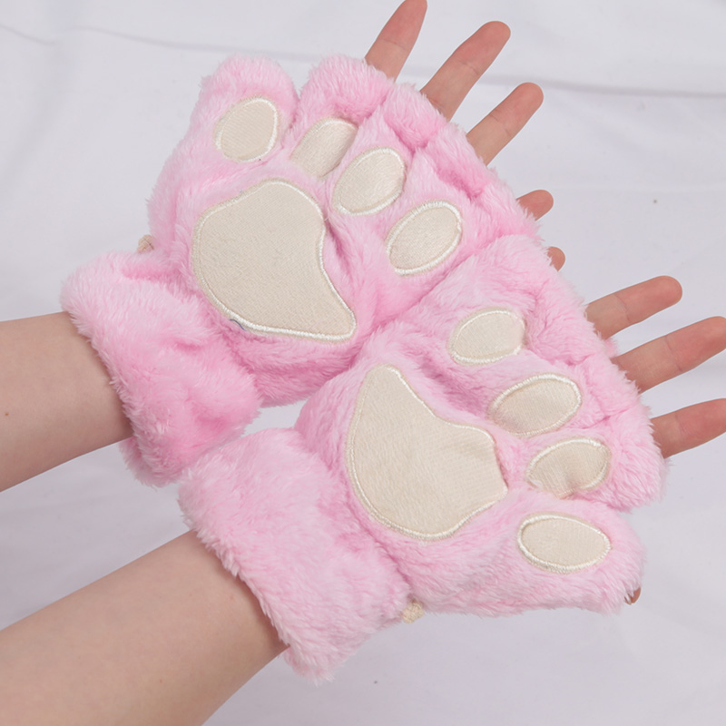 Gants à griffes de chat de dessin animé pour femmes, peluche épaisse, joli Style patte d'ours, doigts exposés, mitaines demi-hiver, gants chauds pour filles: Rose