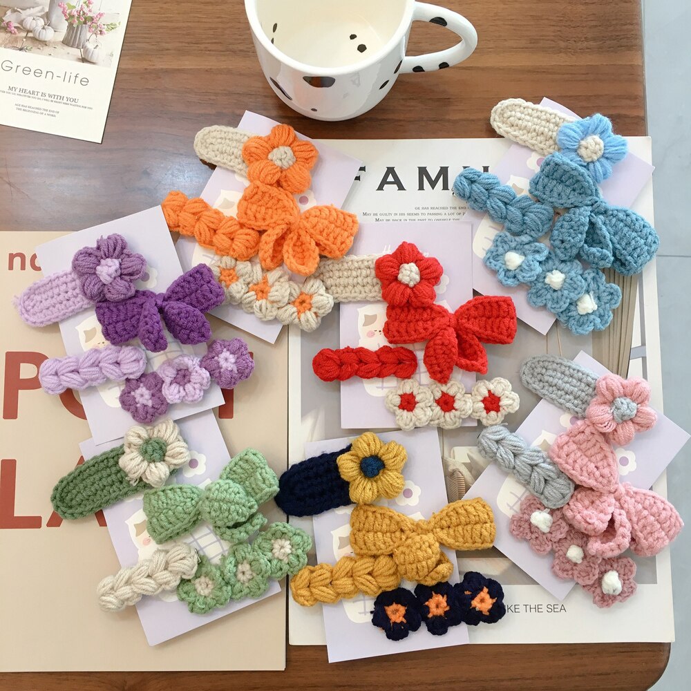 Otoño Invierno 4 unids/set Adorable de lana de punto Bowknot flor pelo Clip horquilla para las mujeres Accesorios