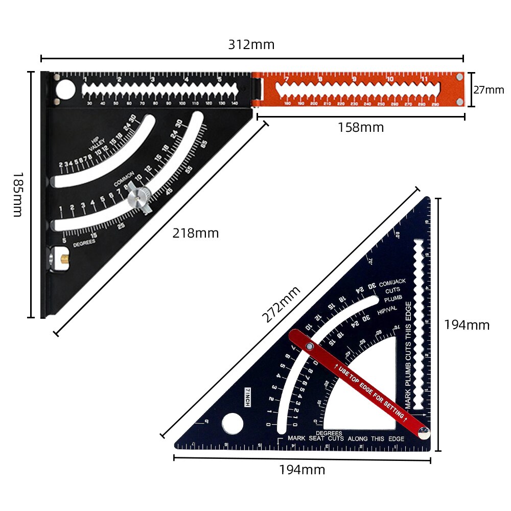 7 Inch Aluminum Alloy Speed Square Triangle Ruler Angle Protractor Ruler Multi Positioning Tool Woodworking Line Measuring Gauge