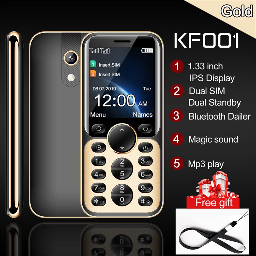 Kf001 mini mobiele telefoons met bluetooth-functie, kleine balk, magic voice  mp3 play, dual simkaart: Voeg 8g tf-kaarten toe / Goud