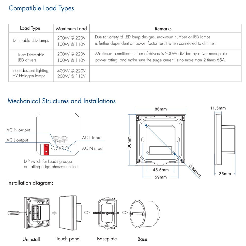 Triac Led Dimmer 220V 110V 230V Ac Touch Glass Panel Muur Gemonteerd Draadloze 2.4G Rf afstandsbediening Dimmer Voor Lamp S1-T