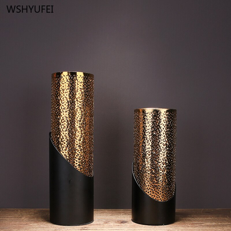 Lys luksus metal guld hul hul cylindrisk keramisk vase enkelt blomsterarrangement hotel model kunst dekoration ornamenter