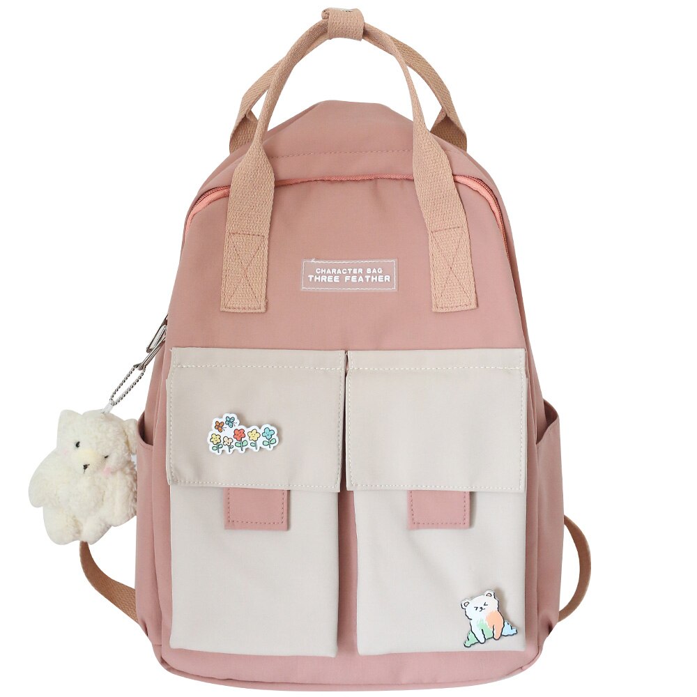 Mädchen Hochschule Schüler Nette Rucksack Harajuku Buch Schule Tasche Abzeichen Dame Kawaii Rucksack Wasserdicht Nylon Frauen Tasche Weibliche: Rosa / mit Bär Anhänger