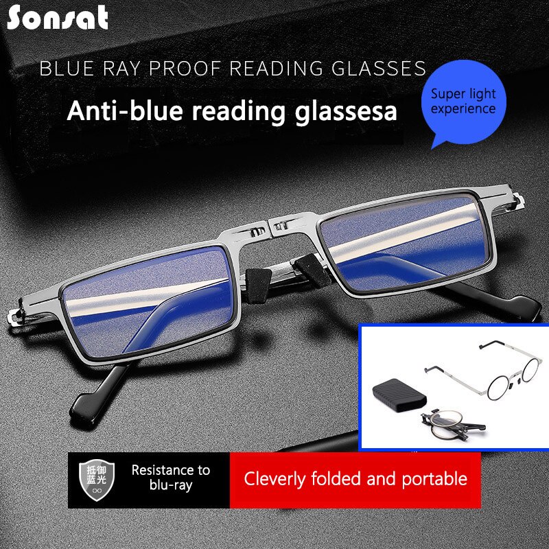 Vouwen Leesbril Metalen Ronde Mannen Blauw Licht Computer Grade Bril Smalle Brillen Frame Voor Mannen Gafas + 1,1.5,2,3,4
