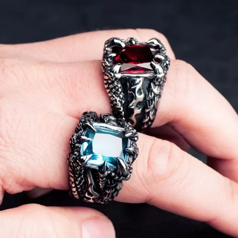 Gothic Blue and Red Crystal Zircon Evil Demon Dragon Claw Ring for Men Gram Biker Punk Rock Hip Hop Opening Rings Cool Jewelry