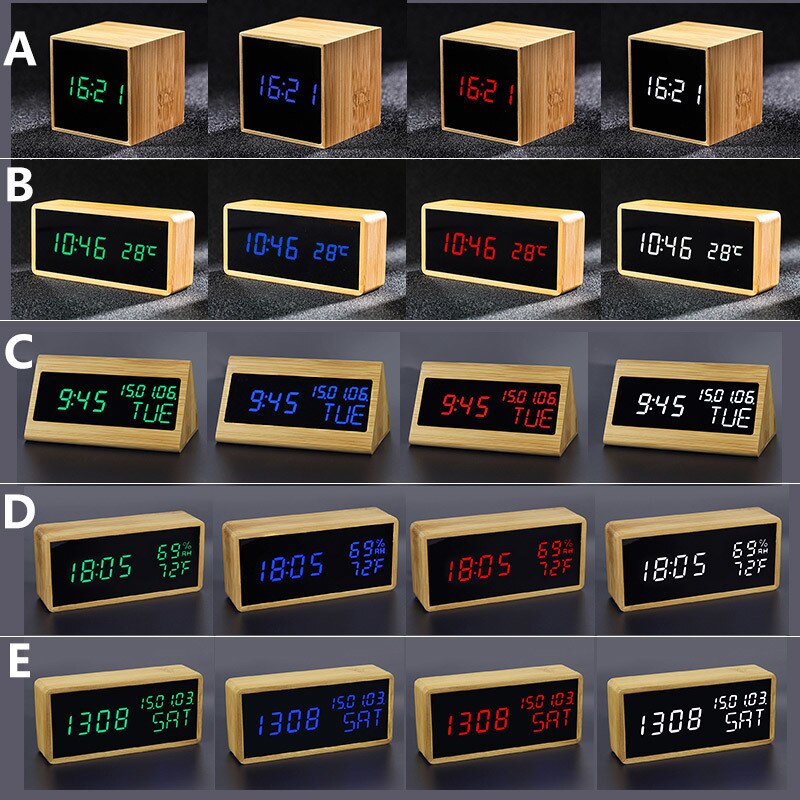 100% Bamboo Digital Alarm Clock Wooden LED Table Clock Electronic Despertador Desk Brightness Voice Snooze Control Temperature