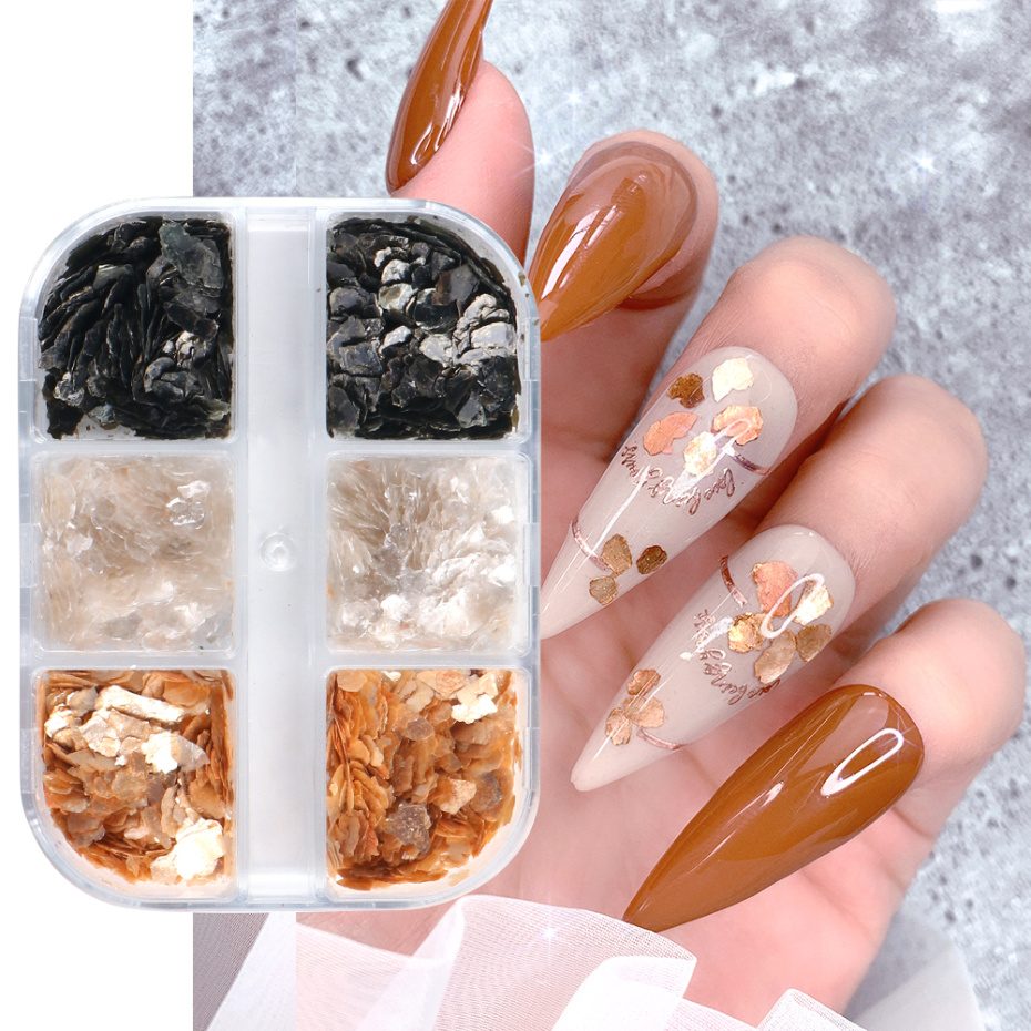 6 Grid Shell Mica Pailletten Voor Nail Decoraties Polish Flakies Golden Crystal Clear Glitter Manicure Paillette Nfyma