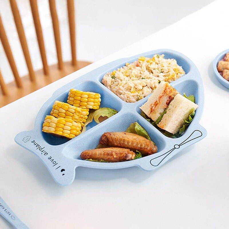 Assiette d'alimentation solide en plastique pour enfants, plat à dîner divisé pour enfants, joli hélicoptère de dessin animé, nourriture pour bébé, 4 sections avec cuillère fourchette