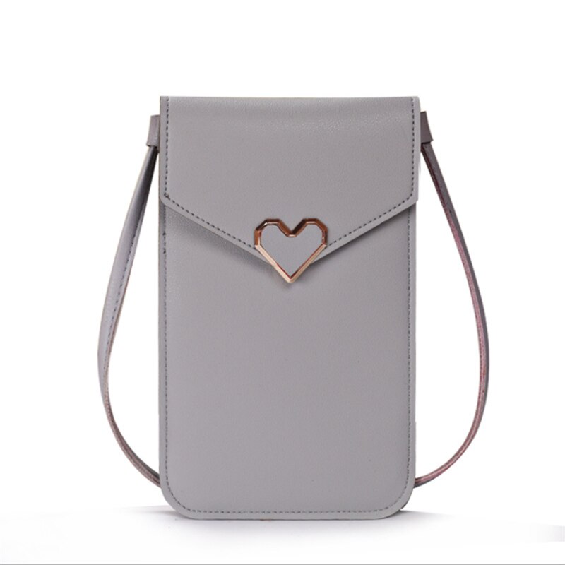 Cartera de bolsillo para exteriores para mujer, bolso cruzado decorativo con forma de corazón, pantalla táctil para teléfono móvil: grey 2