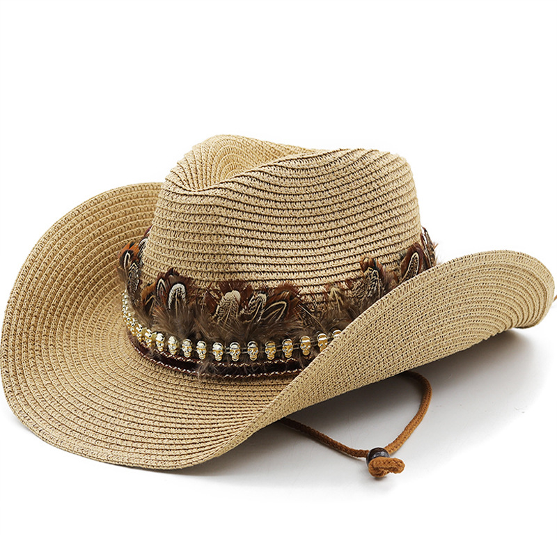 Hand Made Straw Western Cowboy Hat For Women Men Summer Curling Brim Beach Sun Hats Panama Cowgirl Jazz Cap: Khaki