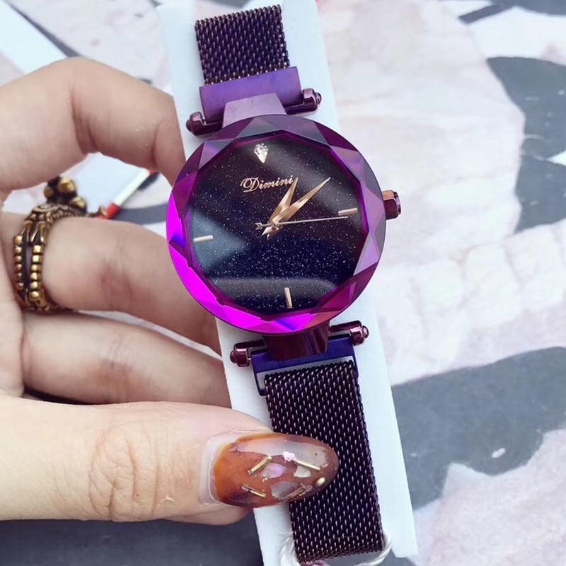 Mode Vrouwen Verleidelijk Paars Horloges Multi Facet Kristal horloge Quartz Magneet Milanese Armband Horloge Stalen Montre 3Bar