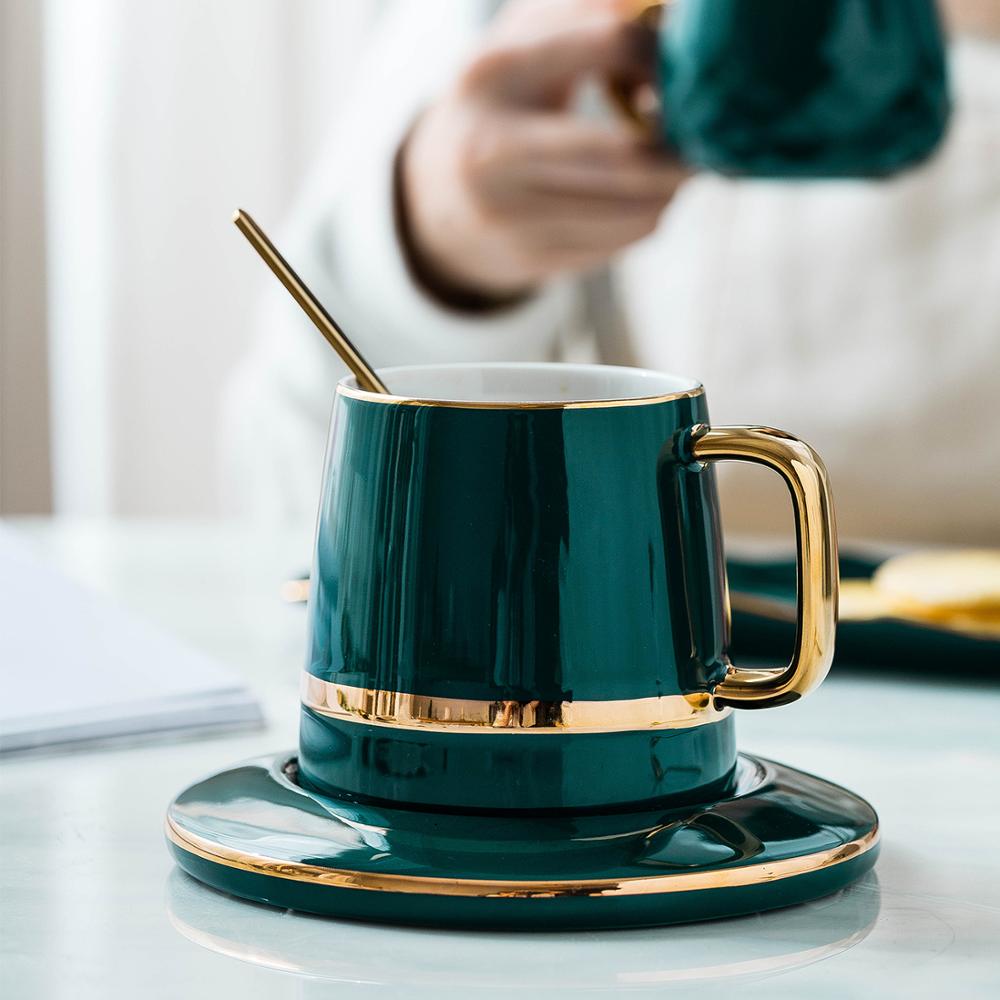 Juegos de tazas de café verde, con esterilla y cucharas, tapa de Taza de cerámica, juegos de cubiertos de leche para el desayuno, caja de para cumpleaños de San Valentín