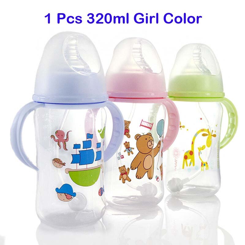 240Ml Baby Melk Fles Brede Hals Bpa Gratis Zachte Siliconen Zuigfles Met Feeder En Handvat Voor kids: 320ML Girl Color