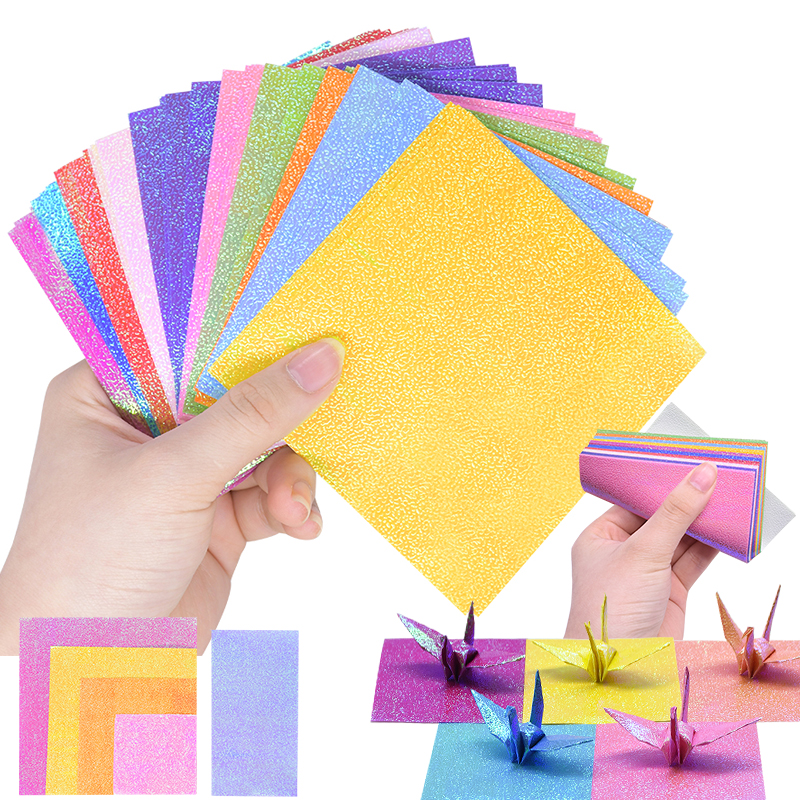 50Pcs 10Color Shiny Glitter Square Origami Paper Single Side DIY Crane Animal Folding Paper Kids Toy Handmade Scrapbooking