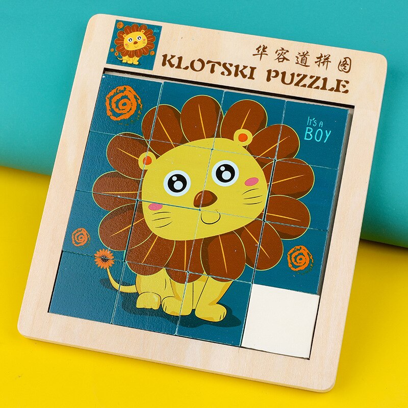 Wooden Children's Wisdom Early Teaching Building Block Cartoon Animal Double Sided Digital Huarong Road Puzzle Toy: 7